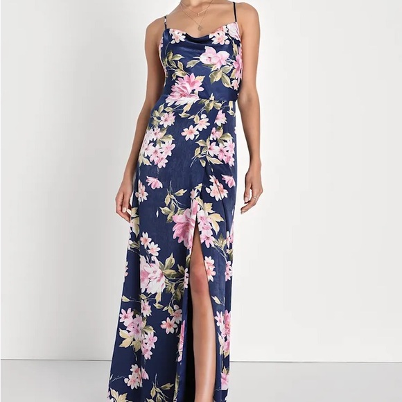 Lulus Dresses & Skirts - Lulu's Love of Romance Navy Floral Print Satin Cowl Neck Maxi Dress